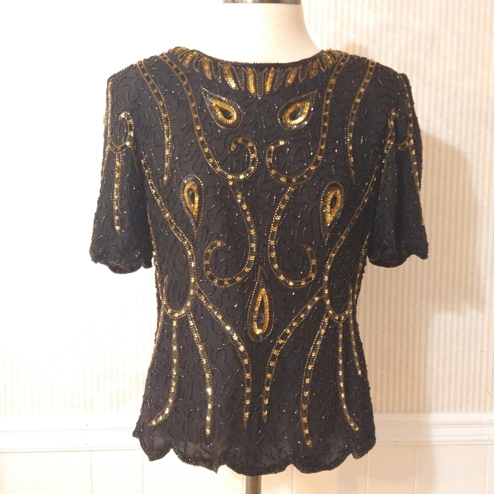 Vintage 80's Royal Feelings Silk Gold and Black Beaded and Sequin Top Larege